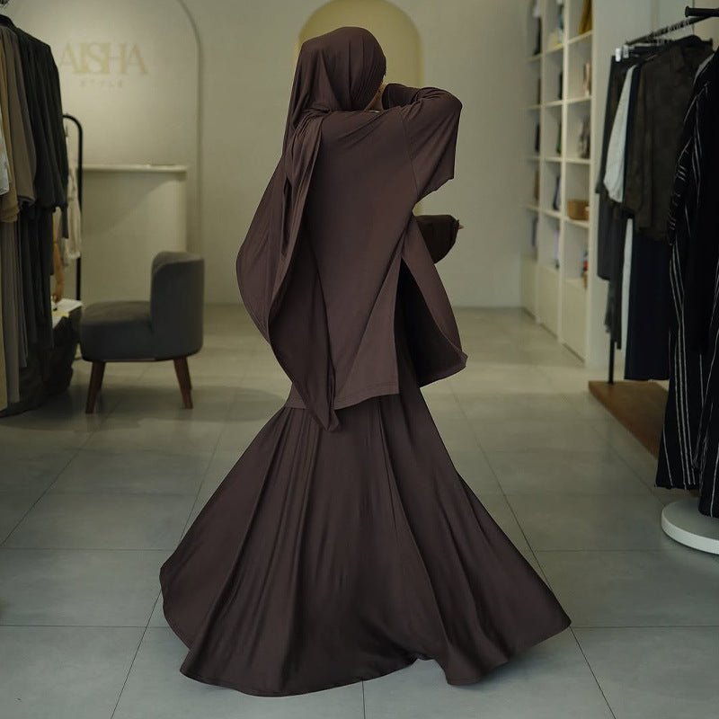 Elegant Solid Color Two-Piece Set | Side Slit Long Sleeve Top &  Pleated Skirt(MS135)