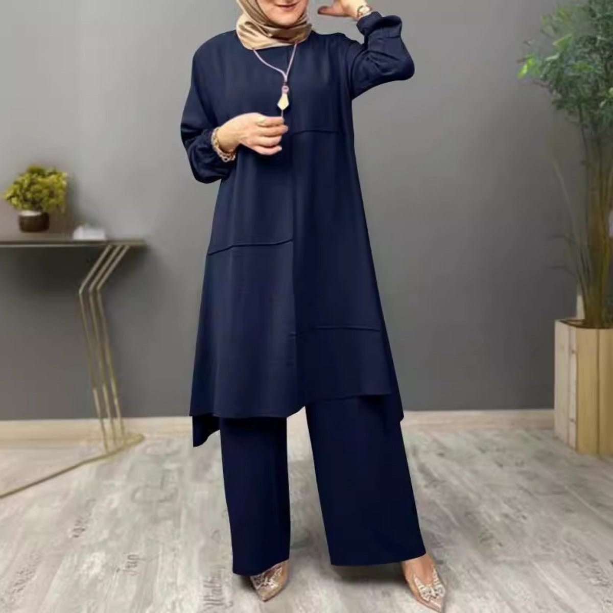 Elegant Sportswear Two-Piece Set | Modest Muslim Athleisure Bubble Sleeve Top & Wide Leg Pants (MS101)