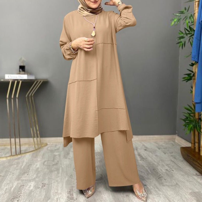 Elegant Sportswear Two-Piece Set | Modest Muslim Athleisure Bubble Sleeve Top & Wide Leg Pants (MS101)