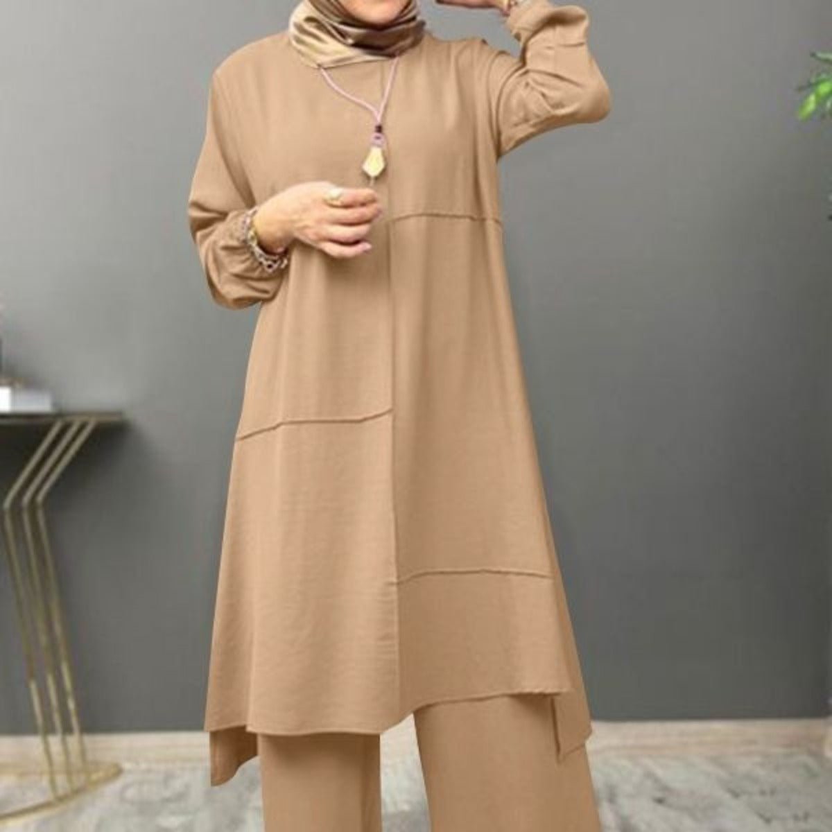 Elegant Sportswear Two-Piece Set | Modest Muslim Athleisure Bubble Sleeve Top & Wide Leg Pants (MS101)