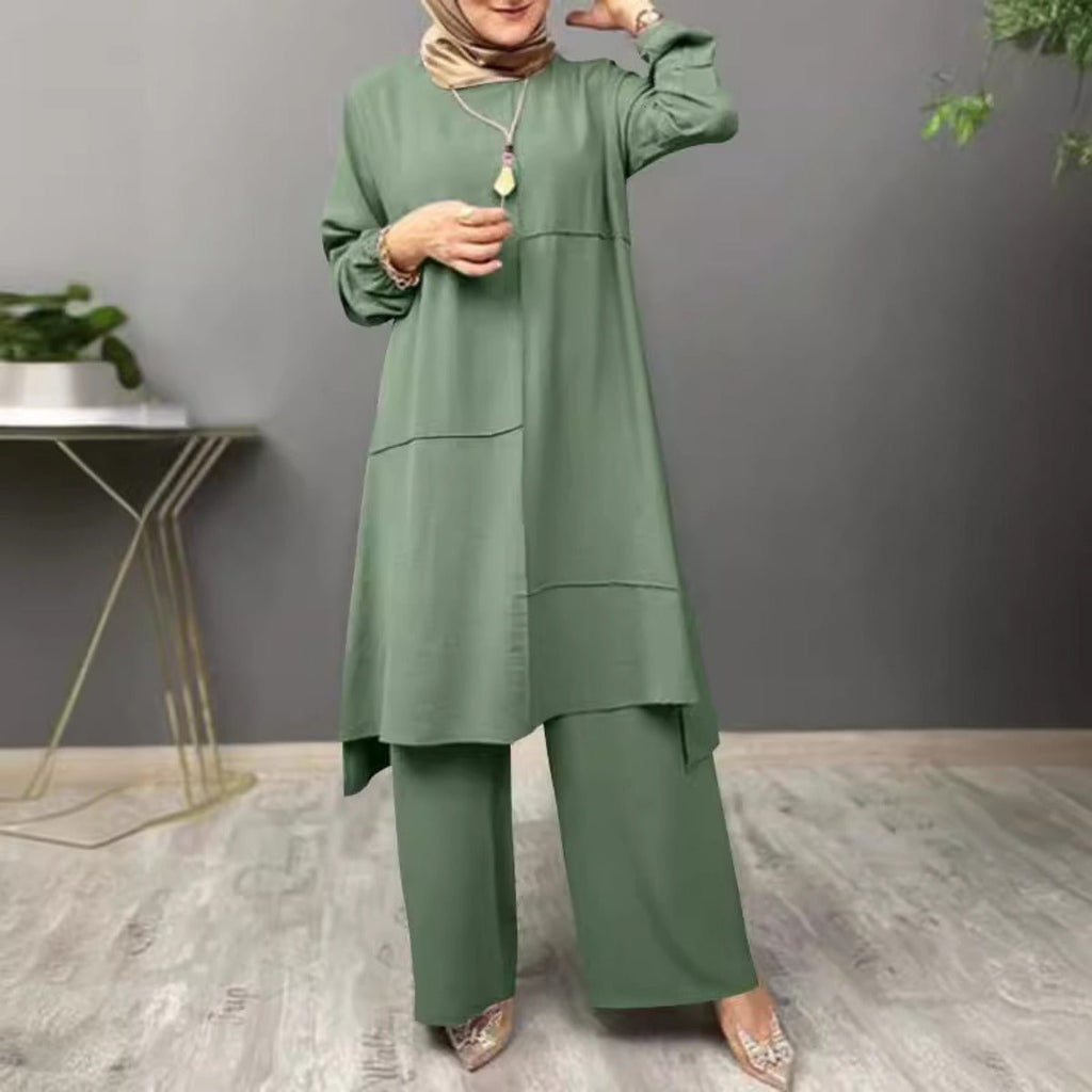 Elegant Sportswear Two-Piece Set | Modest Muslim Athleisure Bubble Sleeve Top & Wide Leg Pants (MS101)