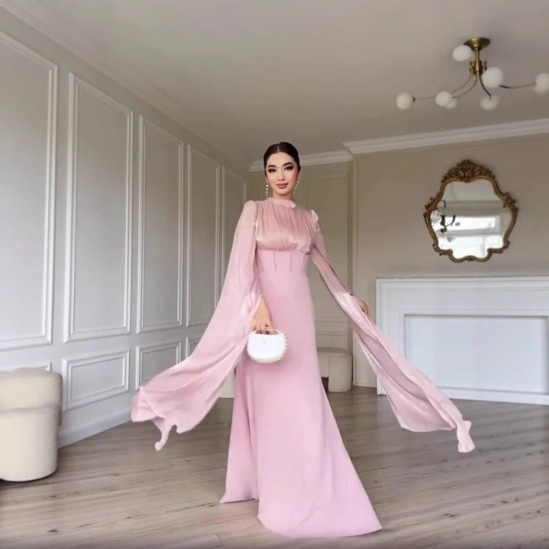 Elegant Swinging Sleeve Silk Satin Abaya Dress | High Waist Modest Maxi Dress with Back Strap Detail(MA295)