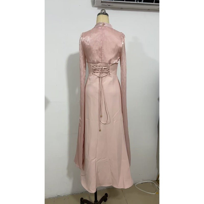 Elegant Swinging Sleeve Silk Satin Abaya Dress | High Waist Modest Maxi Dress with Back Strap Detail(MA295)