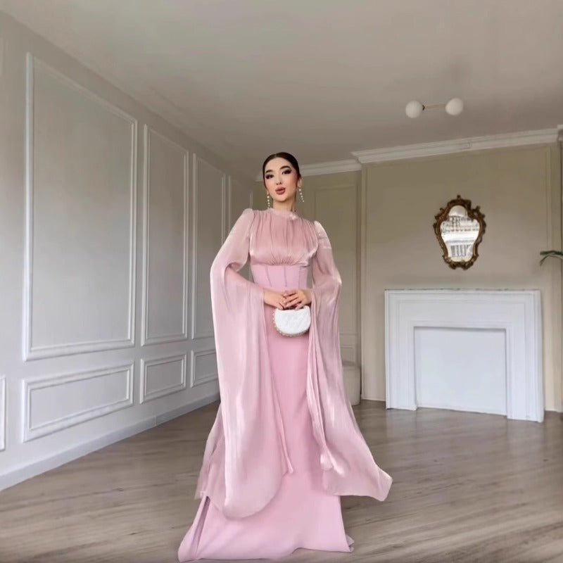 Elegant Swinging Sleeve Silk Satin Abaya Dress | High Waist Modest Maxi Dress with Back Strap Detail(MA295)