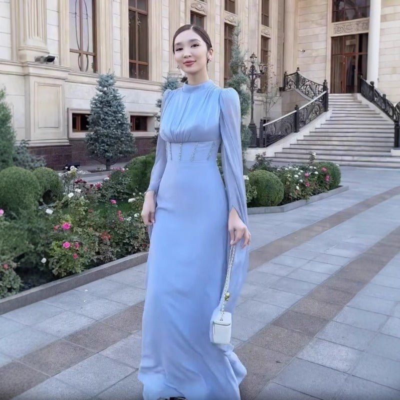 Elegant Swinging Sleeve Silk Satin Abaya Dress | High Waist Modest Maxi Dress with Back Strap Detail(MA295)