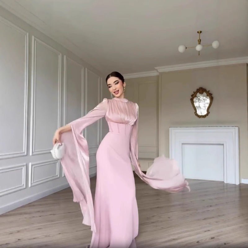 Elegant Swinging Sleeve Silk Satin Abaya Dress | High Waist Modest Maxi Dress with Back Strap Detail(MA295)