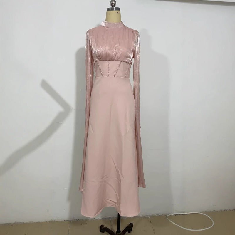 Elegant Swinging Sleeve Silk Satin Abaya Dress | High Waist Modest Maxi Dress with Back Strap Detail(MA295)