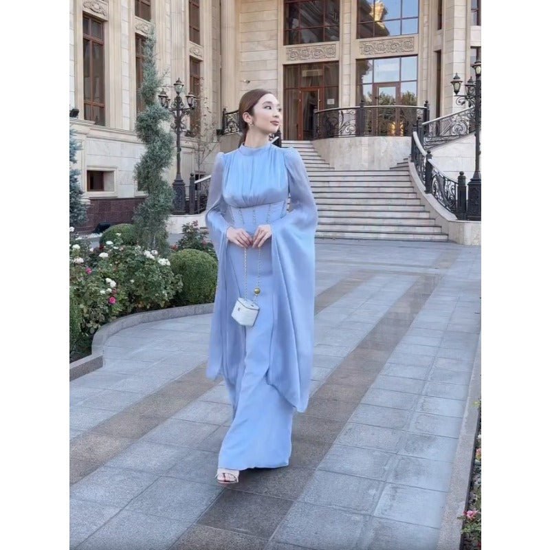 Elegant Swinging Sleeve Silk Satin Abaya Dress | High Waist Modest Maxi Dress with Back Strap Detail(MA295)