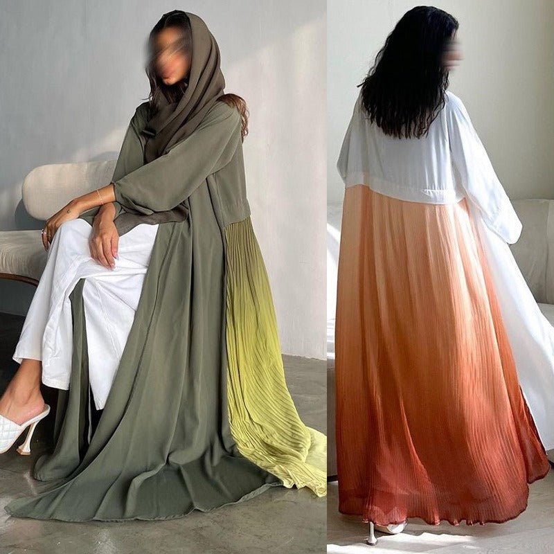 Elegant Gradient Pleated Abaya Robe | Modest Muslim Chiffon Maxi Dress (MOA223)