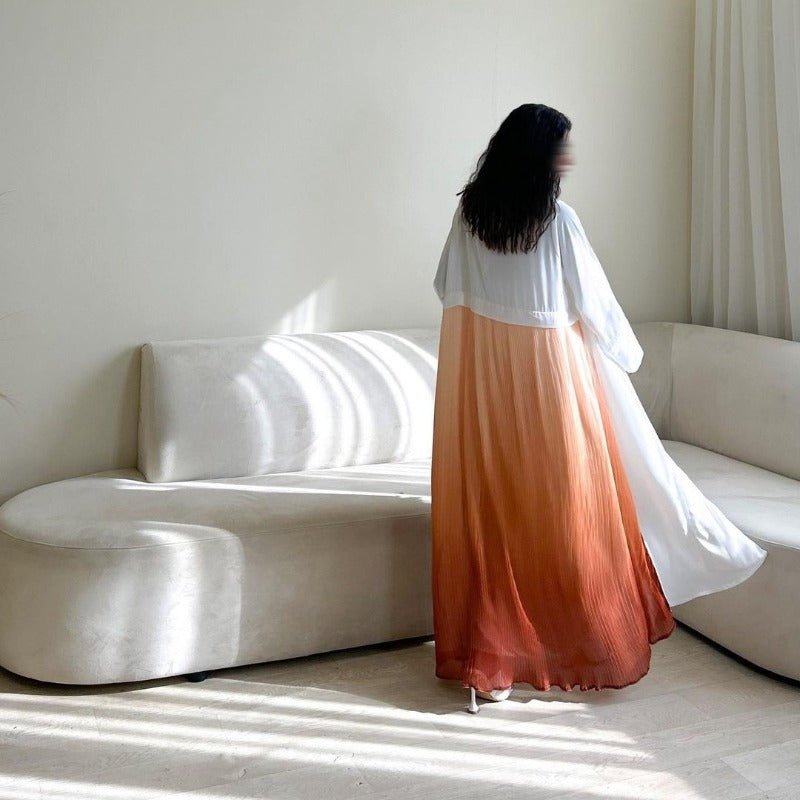 Elegant Gradient Pleated Abaya Robe | Modest Muslim Chiffon Maxi Dress (MOA223)
