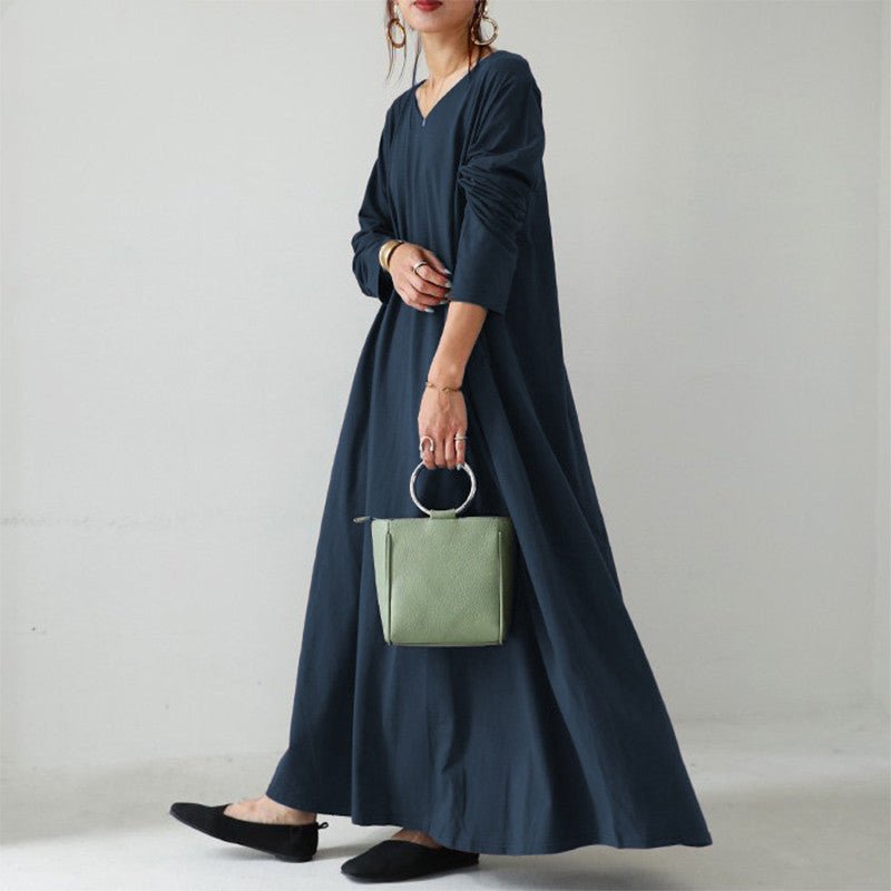 Elegant V-Neck Long Sleeve Maxi Dress | Loose Fit Dress with Hidden Pockets(MA314)