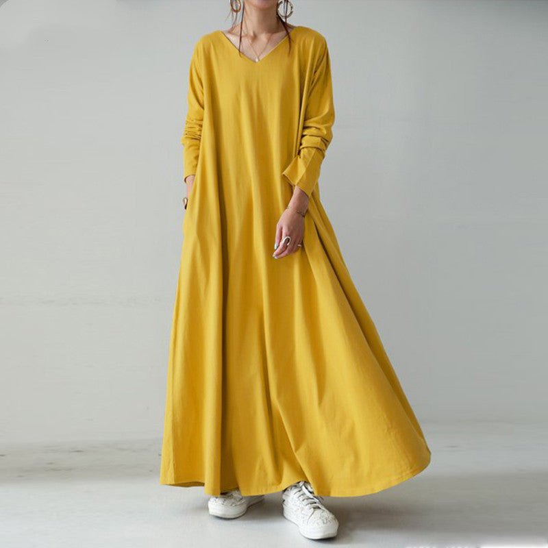 Elegant V-Neck Long Sleeve Maxi Dress | Loose Fit Dress with Hidden Pockets(MA314)