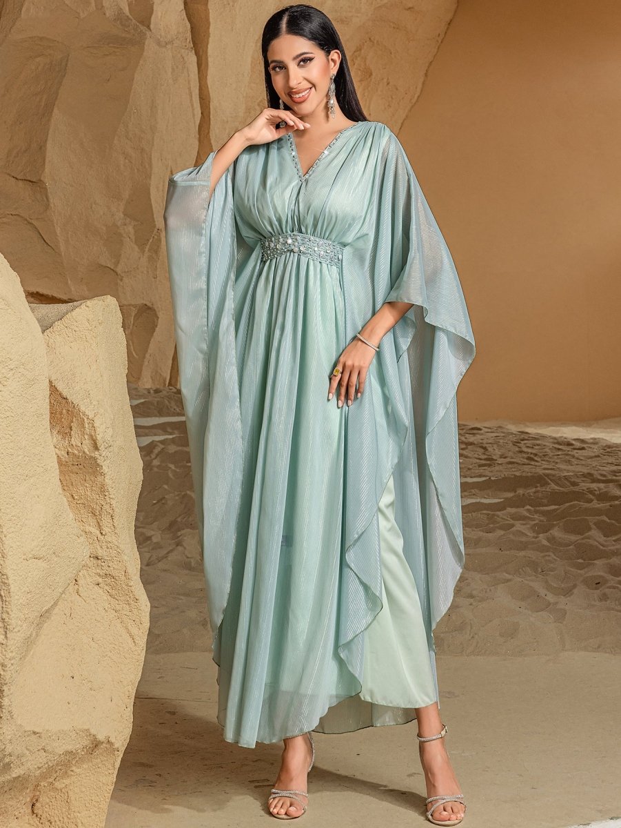 Elegant V-Neck Luxury Hand-Sewn Bead Embellished Travel & Party Abaya Robe Dress (MA188)