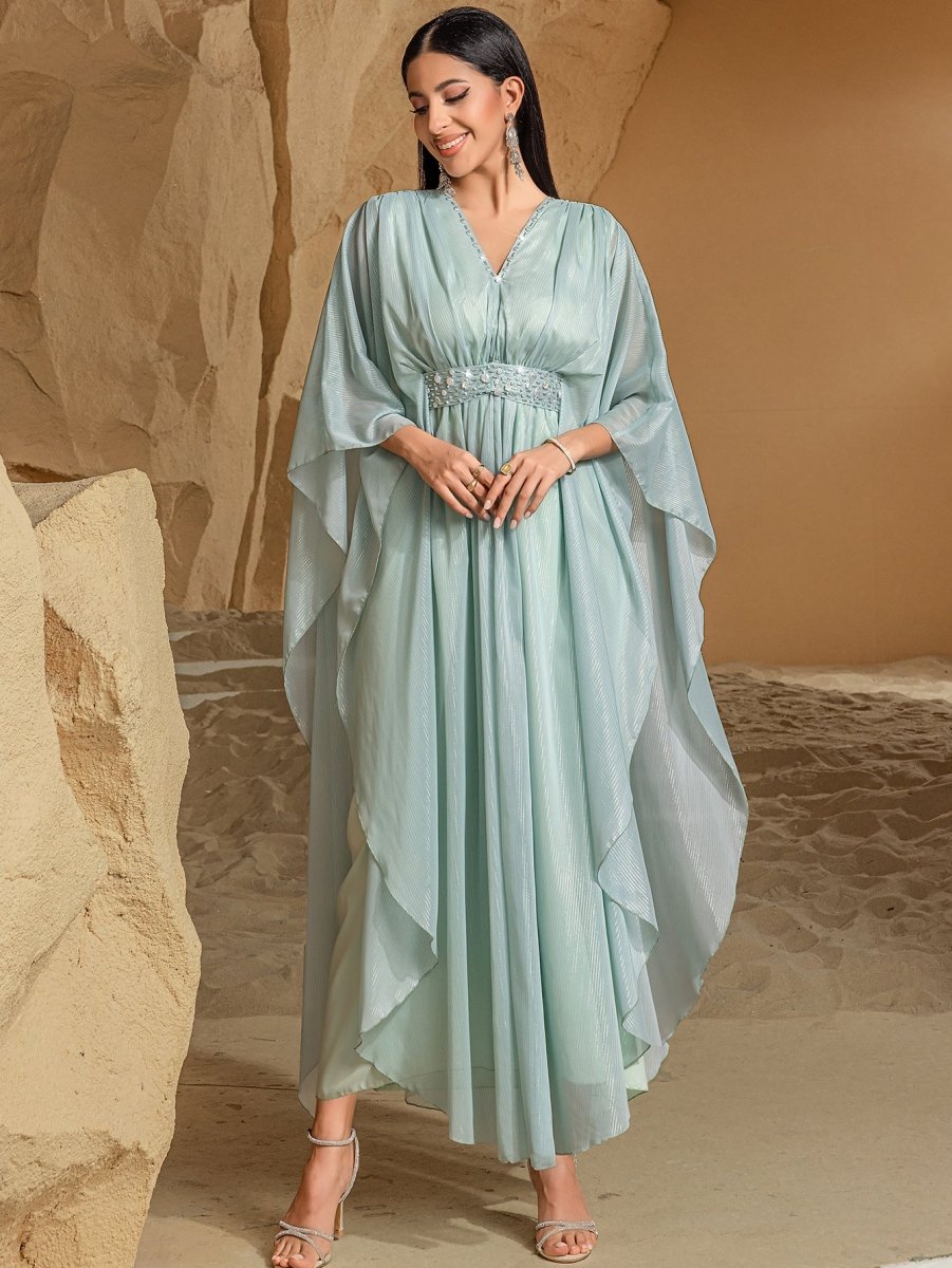 Elegant V-Neck Luxury Hand-Sewn Bead Embellished Travel & Party Abaya Robe Dress (MA188)