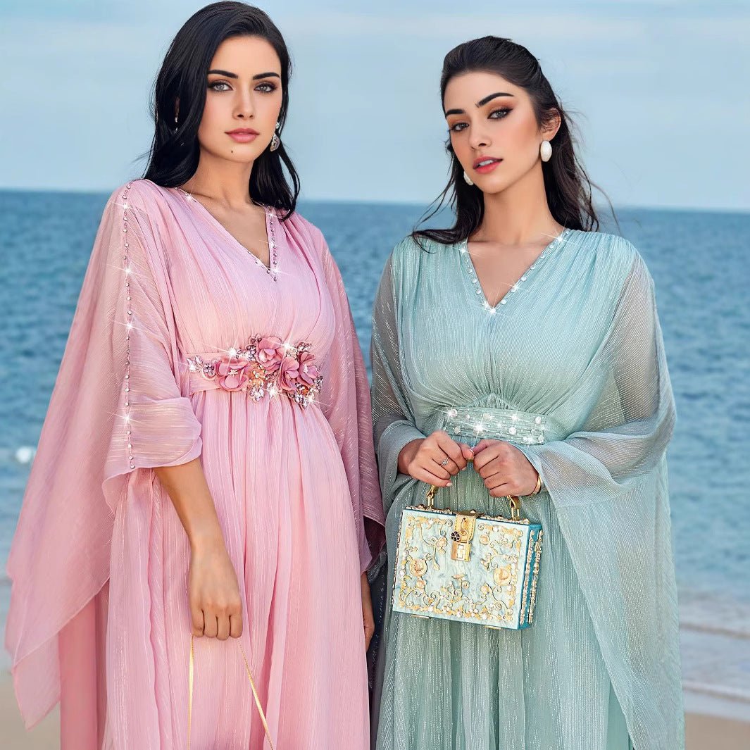 Elegant V-Neck Luxury Hand-Sewn Bead Embellished Travel & Party Abaya Robe Dress (MA188)