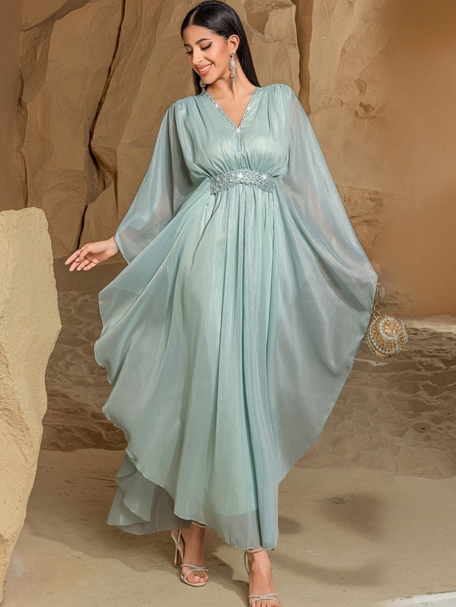 Elegant V-Neck Luxury Hand-Sewn Bead Embellished Travel & Party Abaya Robe Dress (MA188)