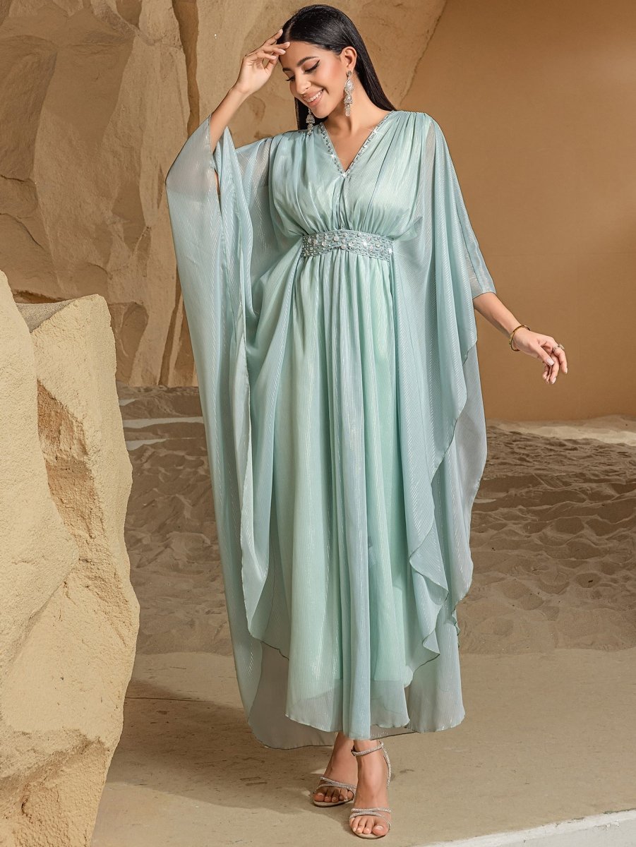 Elegant V-Neck Luxury Hand-Sewn Bead Embellished Travel & Party Abaya Robe Dress (MA188)