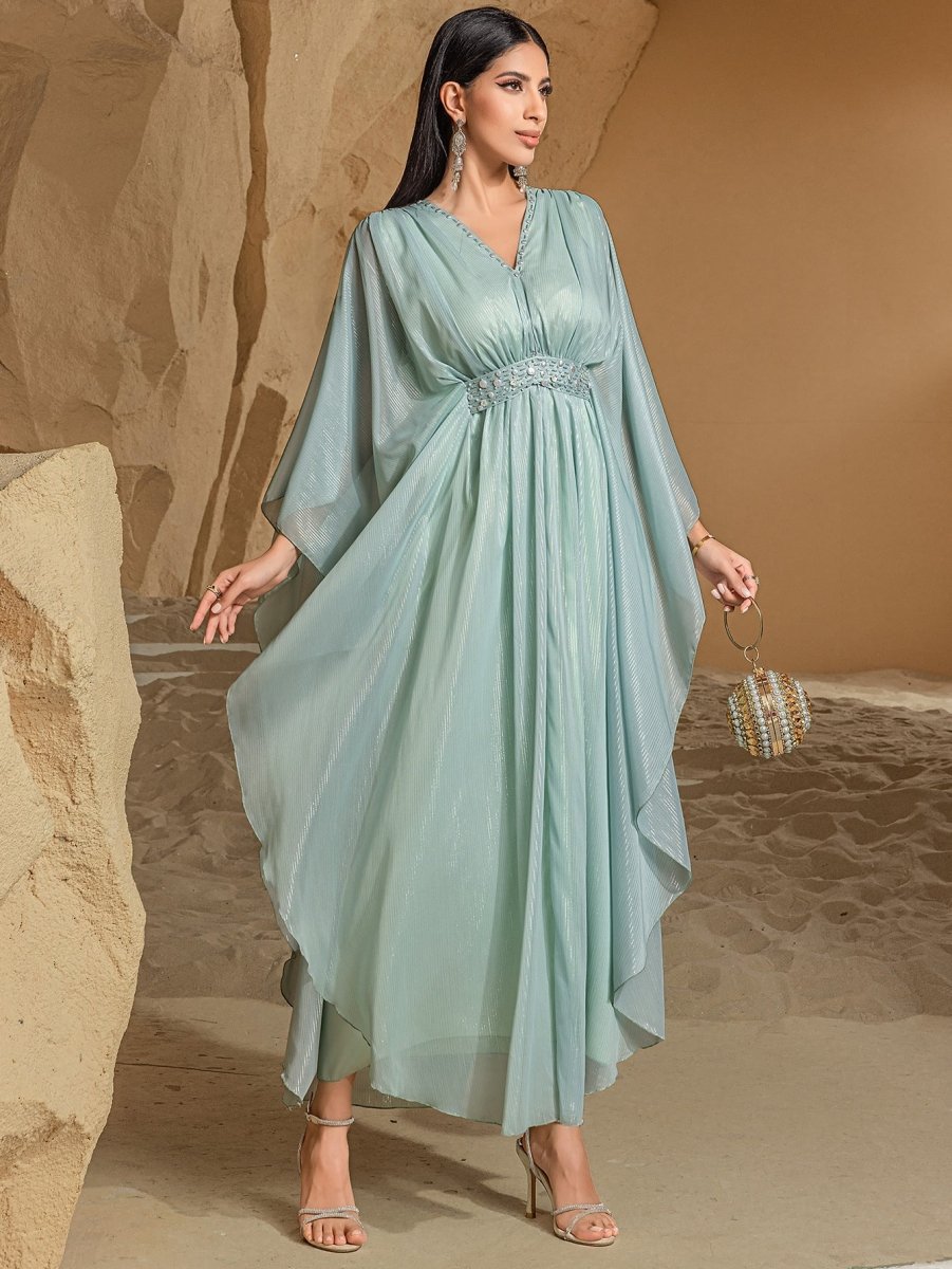 Elegant V-Neck Luxury Hand-Sewn Bead Embellished Travel & Party Abaya Robe Dress (MA188)