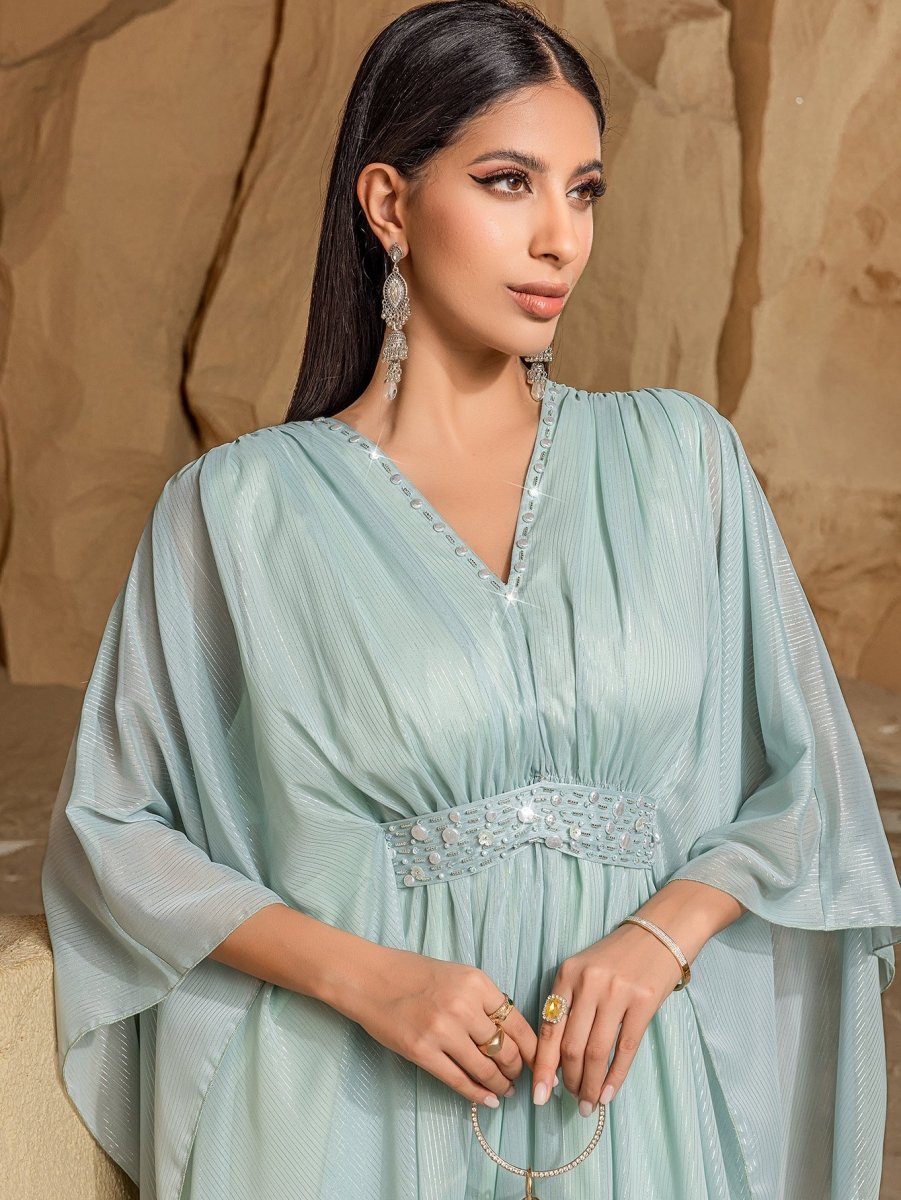 Elegant V-Neck Luxury Hand-Sewn Bead Embellished Travel & Party Abaya Robe Dress (MA188)