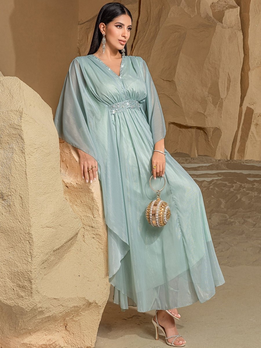 Elegant V-Neck Luxury Hand-Sewn Bead Embellished Travel & Party Abaya Robe Dress (MA188)