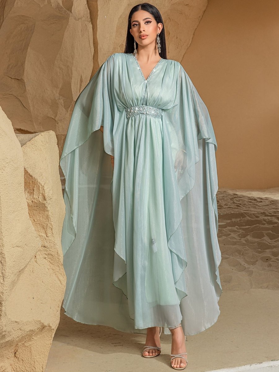 Elegant V-Neck Luxury Hand-Sewn Bead Embellished Travel & Party Abaya Robe Dress (MA188)