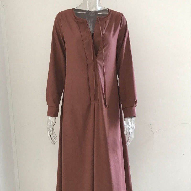 Elegant V-Neck Maxi Dress with Drawstring Design | Contemporary Modest Wear (MS121)