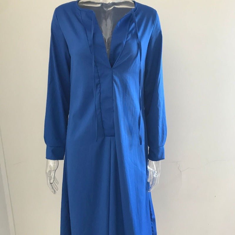 Elegant V-Neck Maxi Dress with Drawstring Design | Contemporary Modest Wear (MS121)