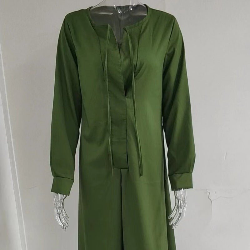 Elegant V-Neck Maxi Dress with Drawstring Design | Contemporary Modest Wear (MS121)