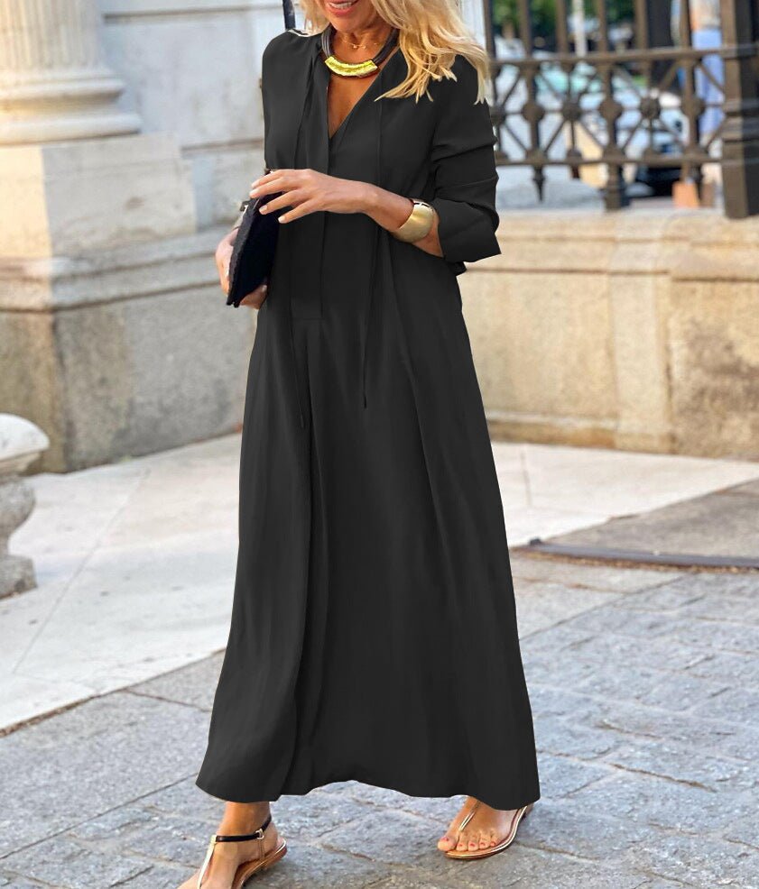 Elegant V-Neck Maxi Dress with Drawstring Design | Contemporary Modest Wear (MS121)