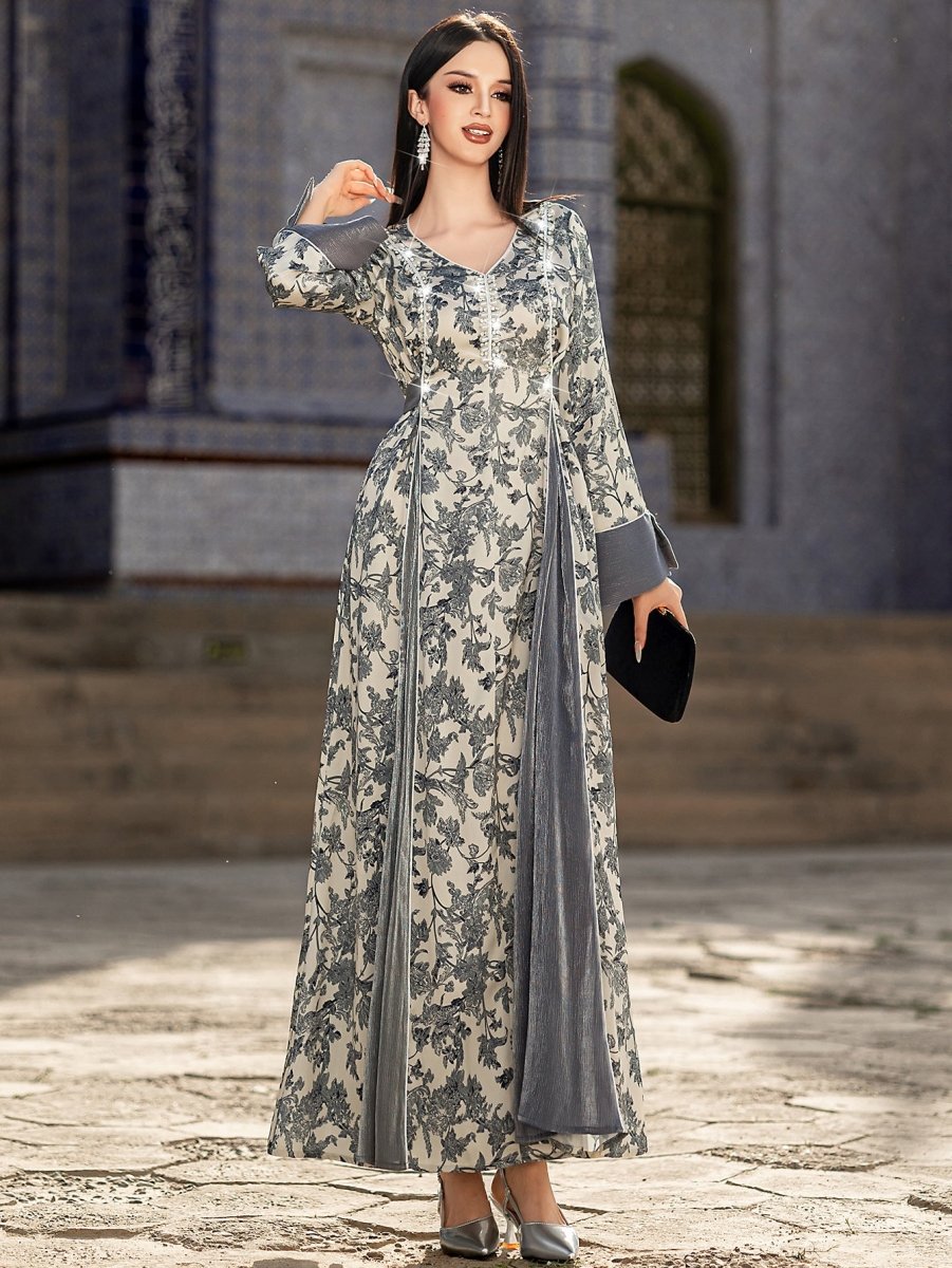 Elegant V-Neck Satin Floral Hand-Stitched Pearl & Crystal Bead Long Sleeve Maxi Dress with Gray Abaya Dress(MA192)