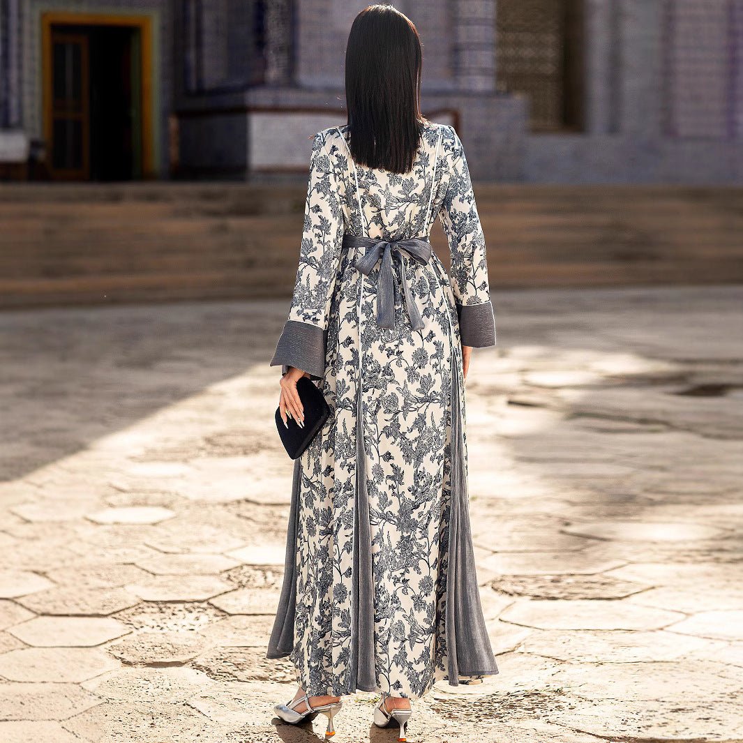 Elegant V-Neck Satin Floral Hand-Stitched Pearl & Crystal Bead Long Sleeve Maxi Dress with Gray Abaya Dress(MA192)