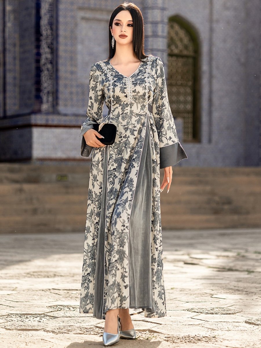 Elegant V-Neck Satin Floral Hand-Stitched Pearl & Crystal Bead Long Sleeve Maxi Dress with Gray Abaya Dress(MA192)