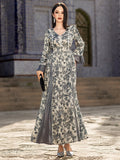 Elegant V-Neck Satin Floral Hand-Stitched Pearl & Crystal Bead Long Sleeve Maxi Dress with Gray Abaya Dress(MA192)