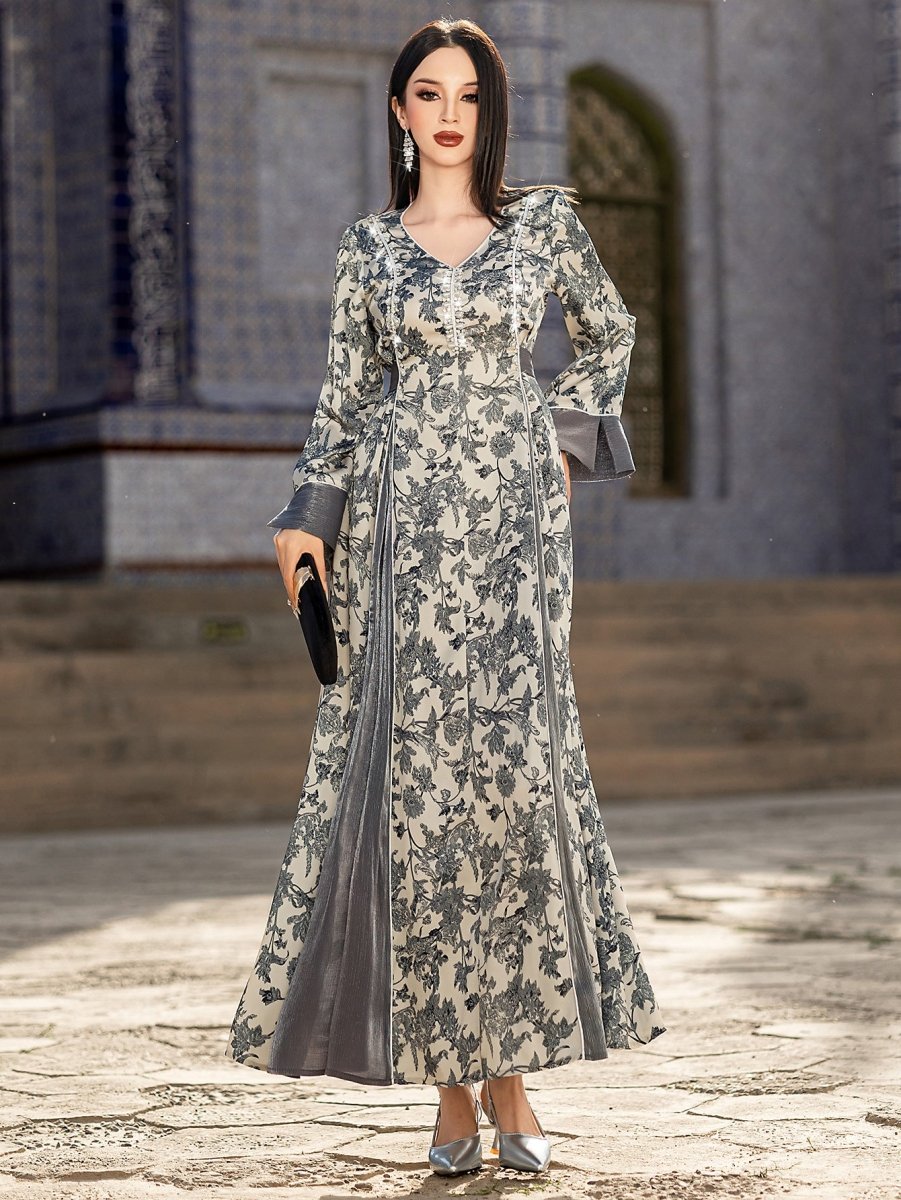 Elegant V-Neck Satin Floral Hand-Stitched Pearl & Crystal Bead Long Sleeve Maxi Dress with Gray Abaya Dress(MA192)