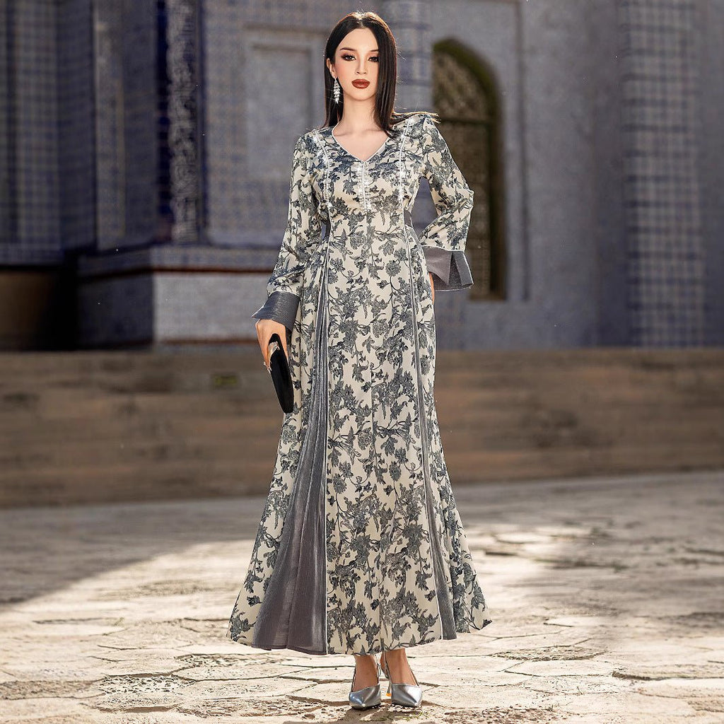 Elegant V-Neck Satin Floral Hand-Stitched Pearl & Crystal Bead Long Sleeve Maxi Dress with Gray Abaya Dress(MA192)