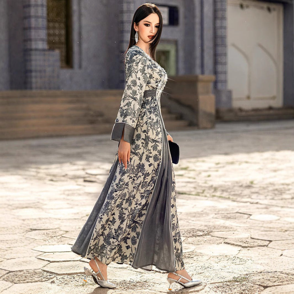 Elegant V-Neck Satin Floral Hand-Stitched Pearl & Crystal Bead Long Sleeve Maxi Dress with Gray Abaya Dress(MA192)