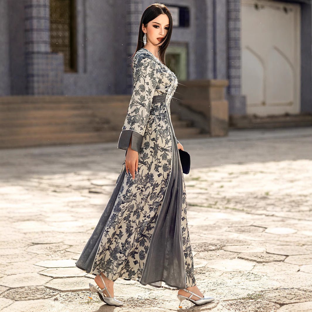 Elegant V-Neck Satin Floral Hand-Stitched Pearl & Crystal Bead Long Sleeve Maxi Dress with Gray Abaya Dress(MA192)