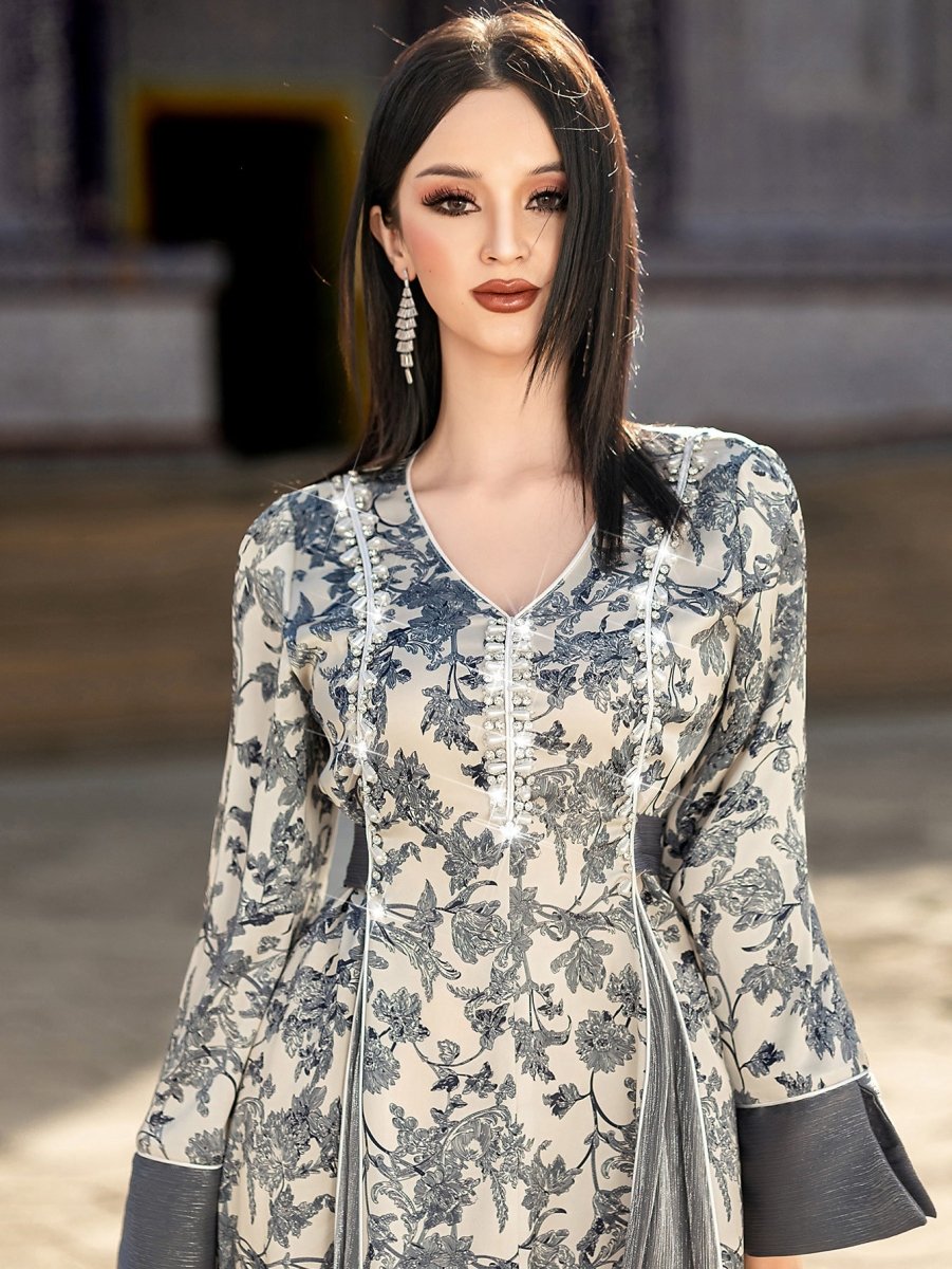 Elegant V-Neck Satin Floral Hand-Stitched Pearl & Crystal Bead Long Sleeve Maxi Dress with Gray Abaya Dress(MA192)