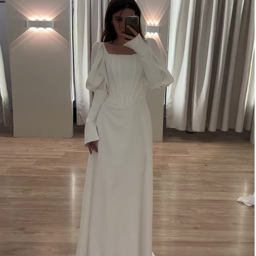 Elegant White Square Neck Long Sleeve Bubble Sleeve Modest Dress Abaya  (MA228)