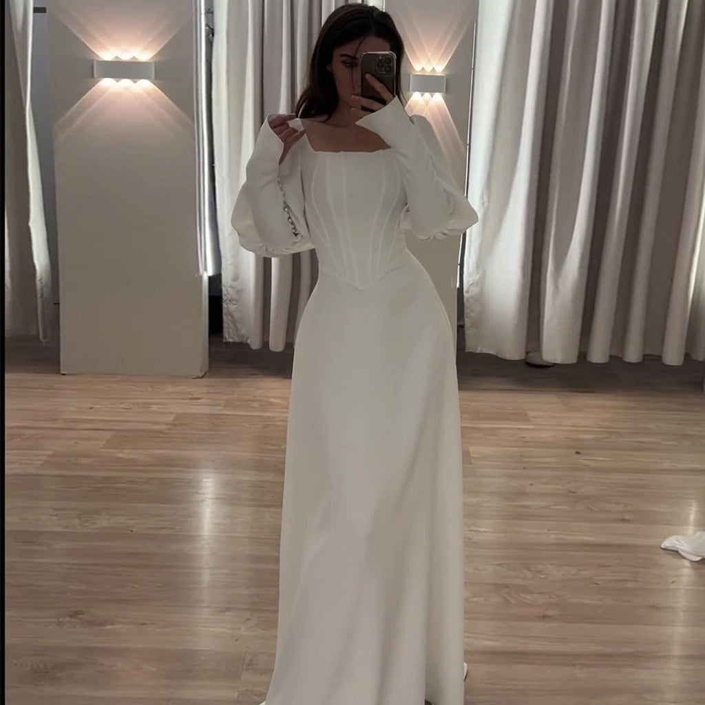 Elegant White Square Neck Long Sleeve Bubble Sleeve Modest Dress Abaya  (MA228)