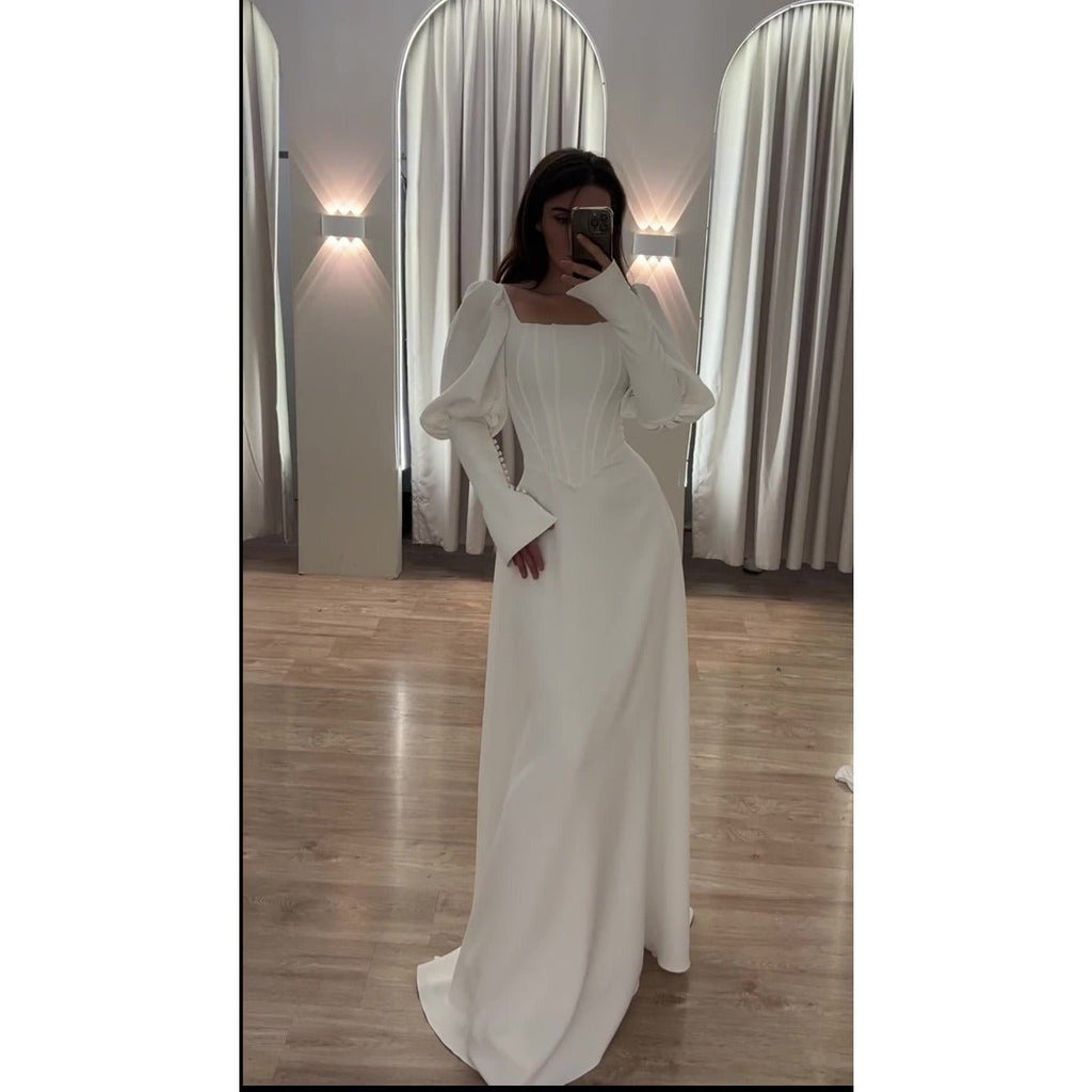 Elegant White Square Neck Long Sleeve Bubble Sleeve Modest Dress Abaya  (MA228)