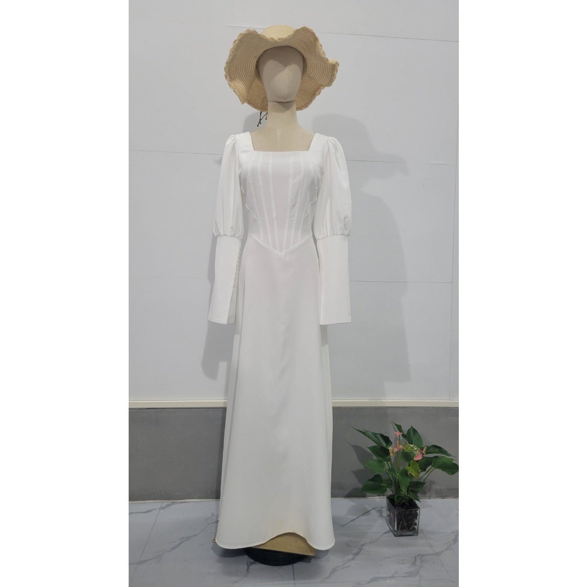 Elegant White Square Neck Long Sleeve Bubble Sleeve Modest Dress Abaya  (MA228)
