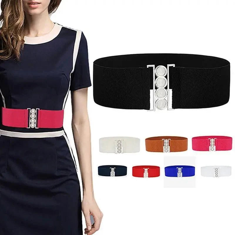 Elegant Wide Fabric Strap  Silver Metal Buckle Belts For Women Trendy Women's Fashion Stretchable Classic Color Belts