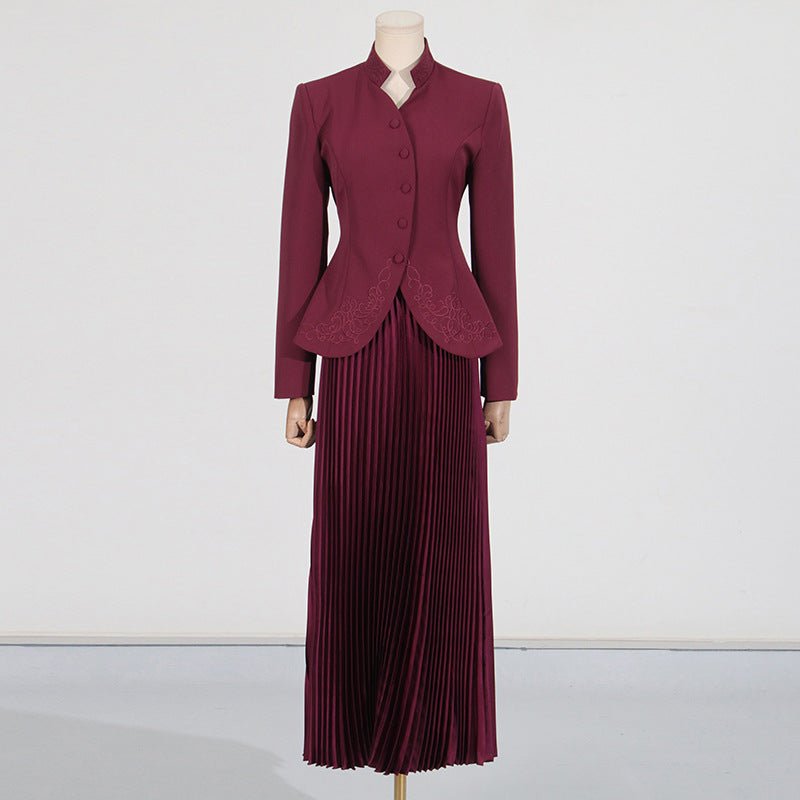 Embroidered Blazer & Pleated Skirt Set(MS214)