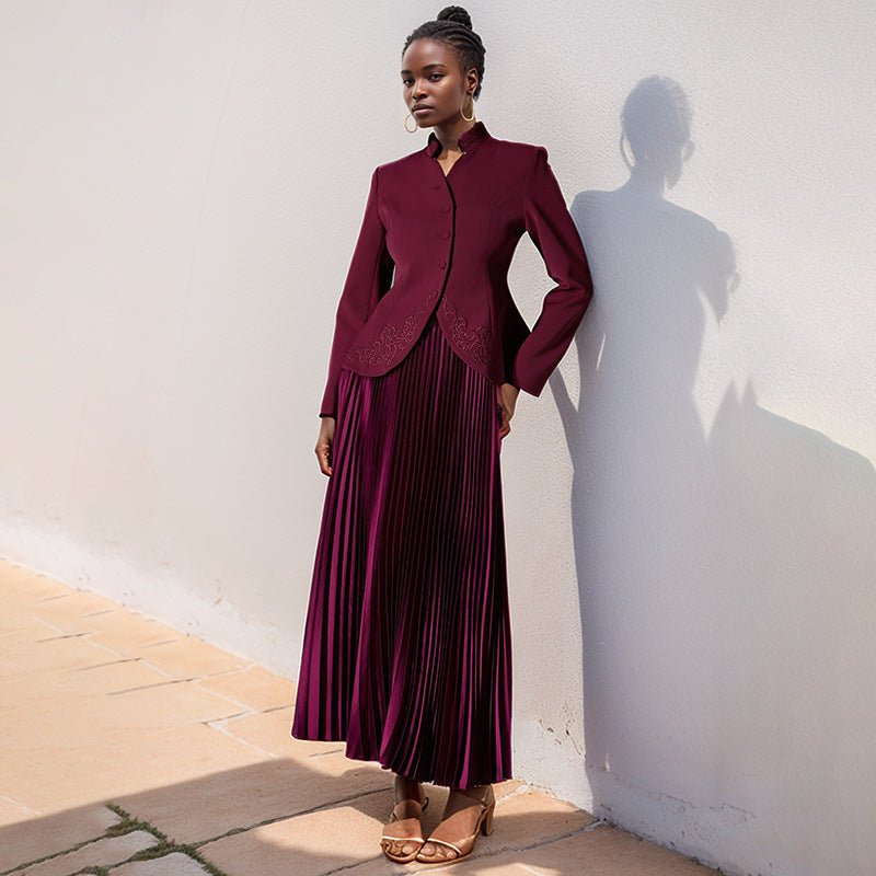 Embroidered Blazer & Pleated Skirt Set(MS214)