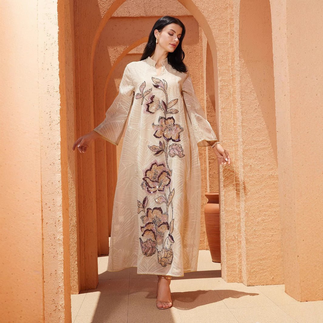 Embroidered Organza Abaya with Sequin Appliqués | Collared Floral Gown (MA373)