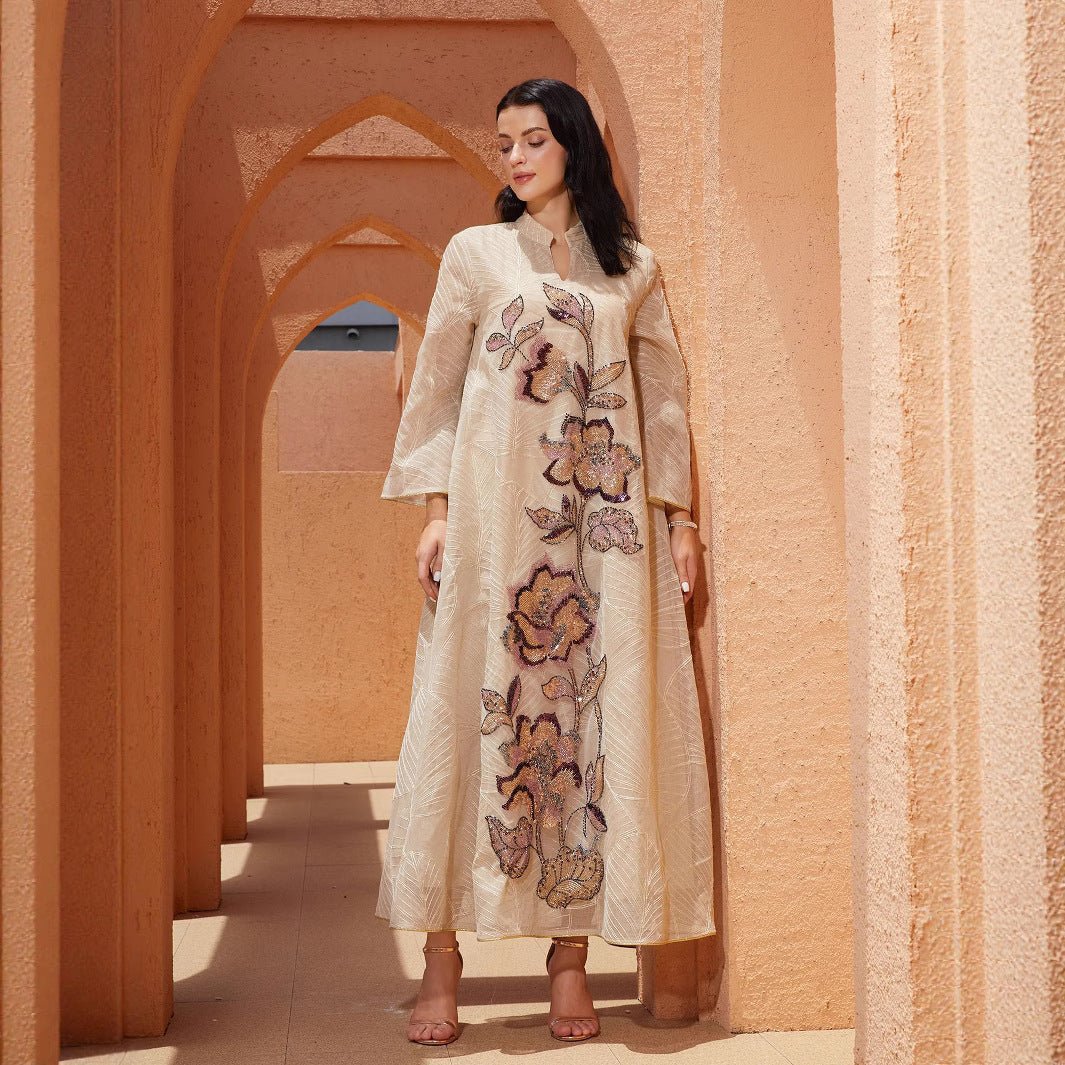 Embroidered Organza Abaya with Sequin Appliqués | Collared Floral Gown (MA373)