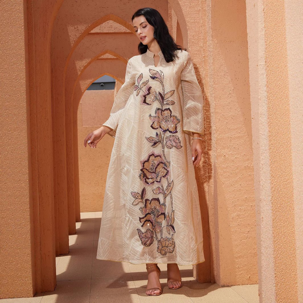 Embroidered Organza Abaya with Sequin Appliqués | Collared Floral Gown (MA373)