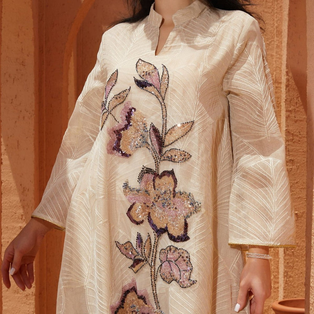 Embroidered Organza Abaya with Sequin Appliqués | Collared Floral Gown (MA373)