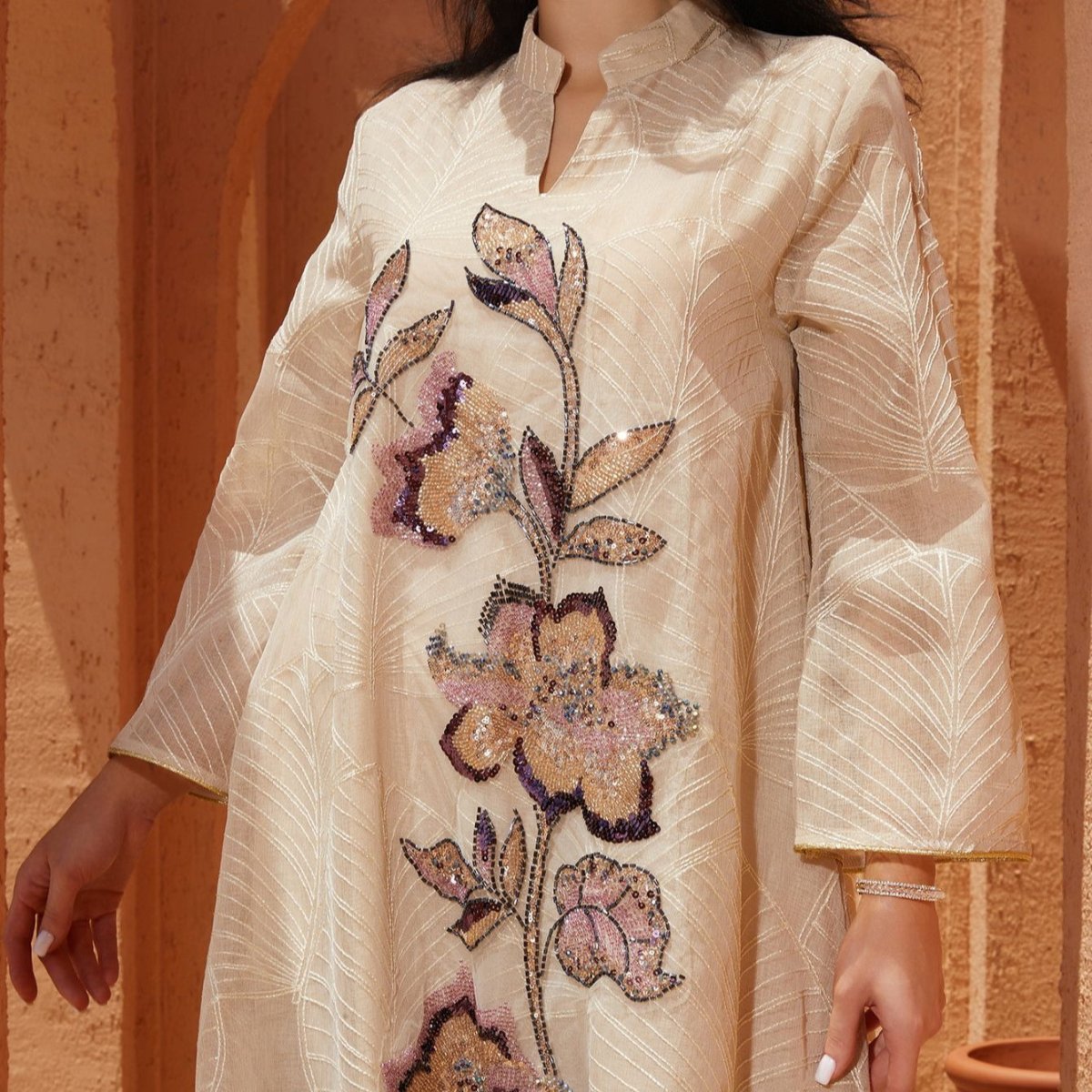 Embroidered Organza Abaya with Sequin Appliqués | Collared Floral Gown (MA373)